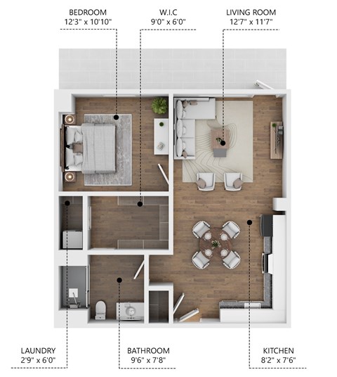 Floor plan for 1 bed, 1 bath, 640 sqft